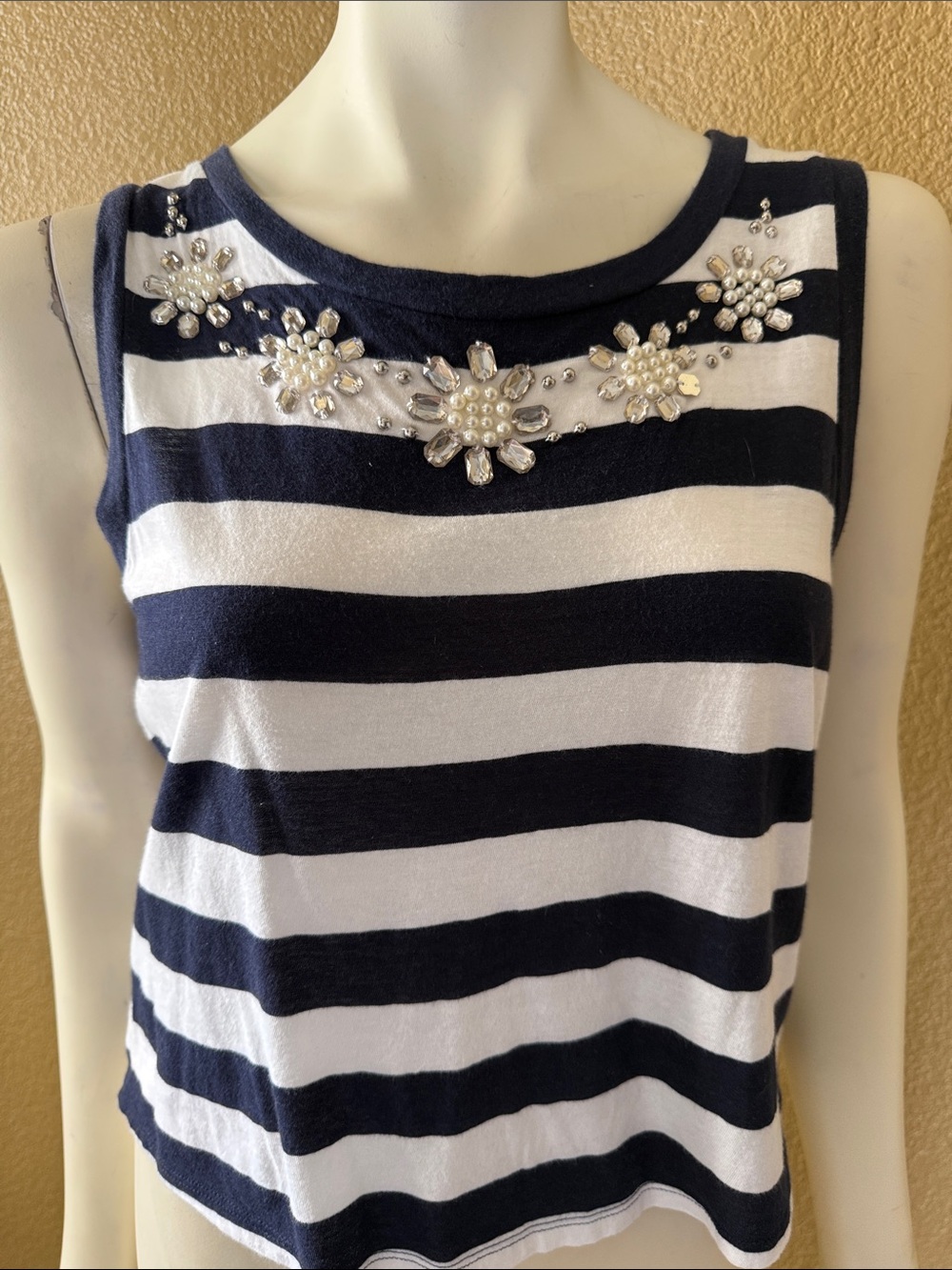 Express Navy and White Striped Jeweled Tank Top